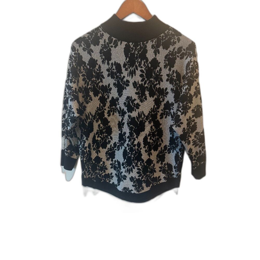 Adrienne Vittadini Black Silver Metallic Floral Mock Neck Sweater Size M